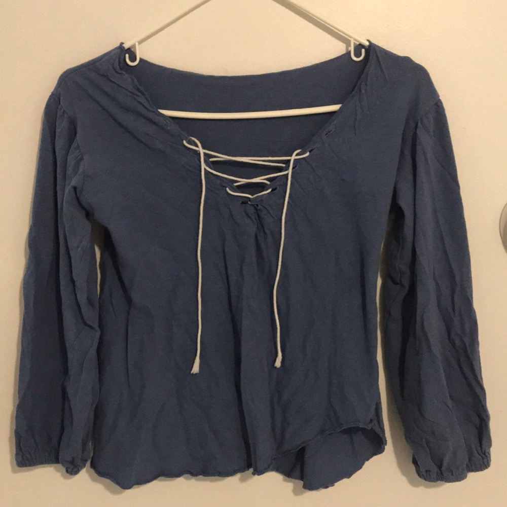 Blue shirt, lace up detail, ruched sleeves